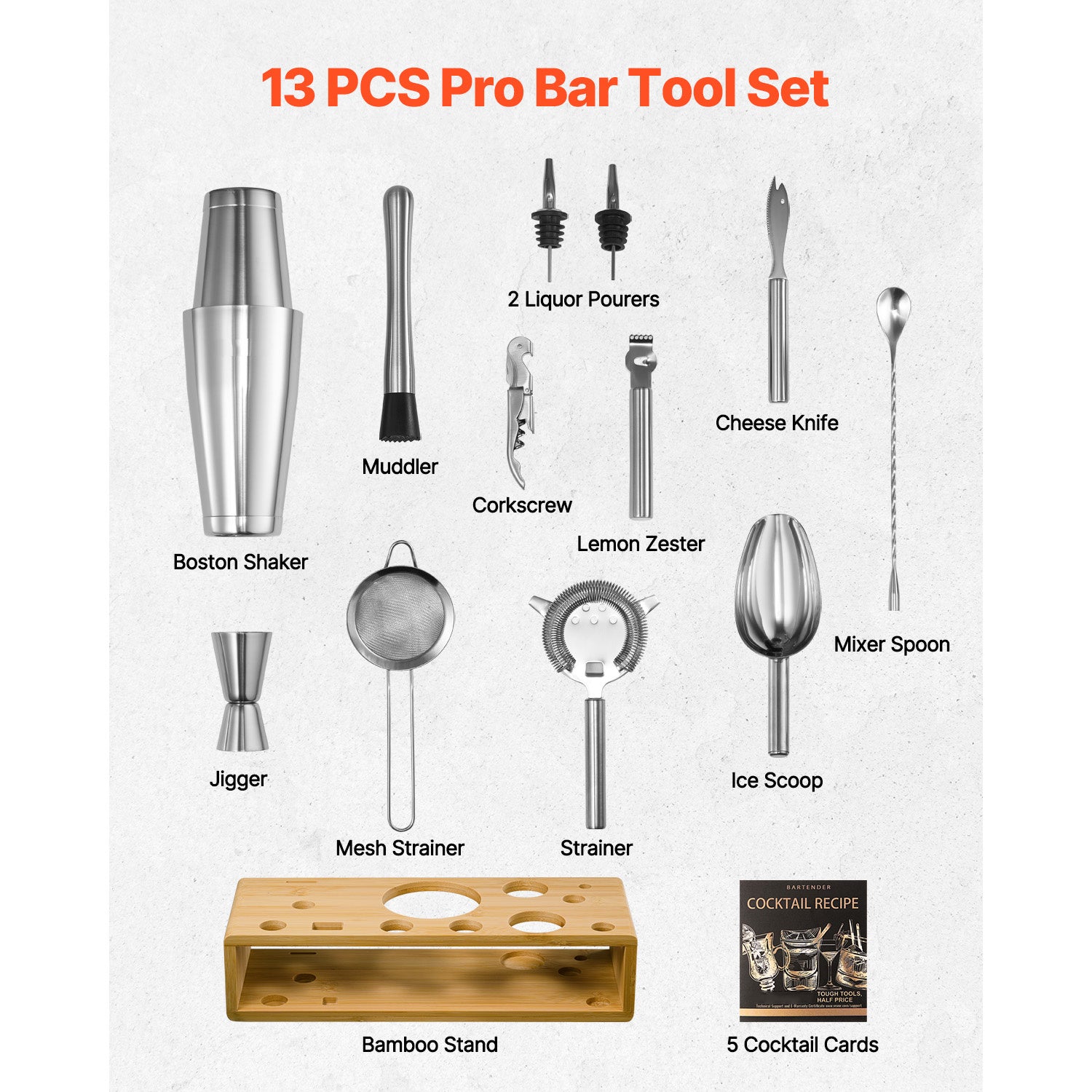 VEVOR Cocktail Shaker Set 13 Pcs Bartender Kit Stainless Steel Bar Tools Silver\u002FGunmetal