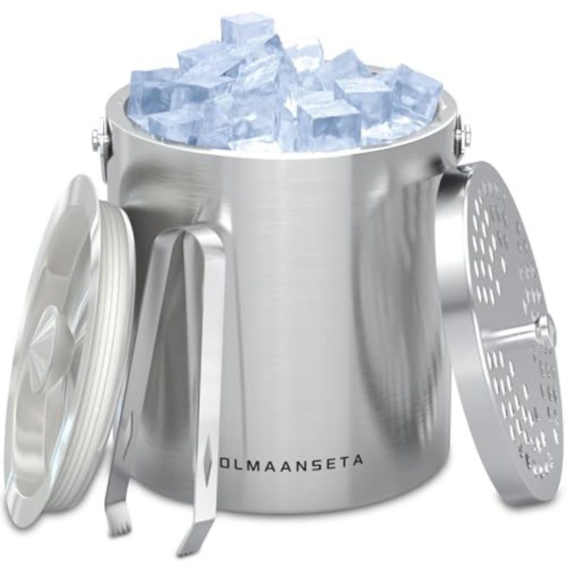 Food GradeStainless Steel Ice Bucket for Parties with Lid And Ice TongsInsulated Wine Bucket with Strainer Keeps Drinks Cold And Ice Cube From Melting