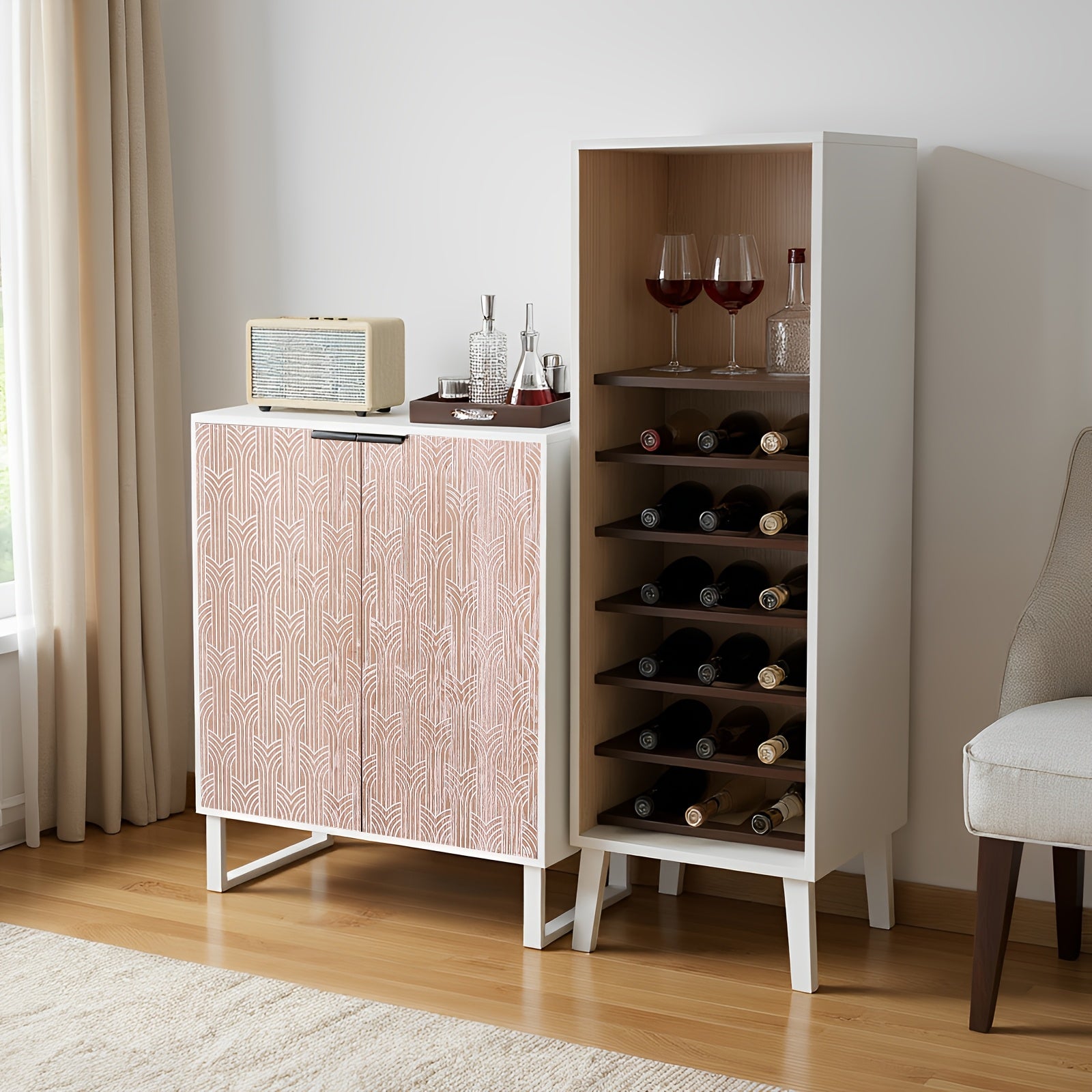 Freestanding Wine Cabinet & Buffet Suitable for - Farmhouse Style Wine Rack with Adjustable Shelf, Glass Holders & Storage Drawer, Sturdy Drinks Sideboard for Dining Room,,