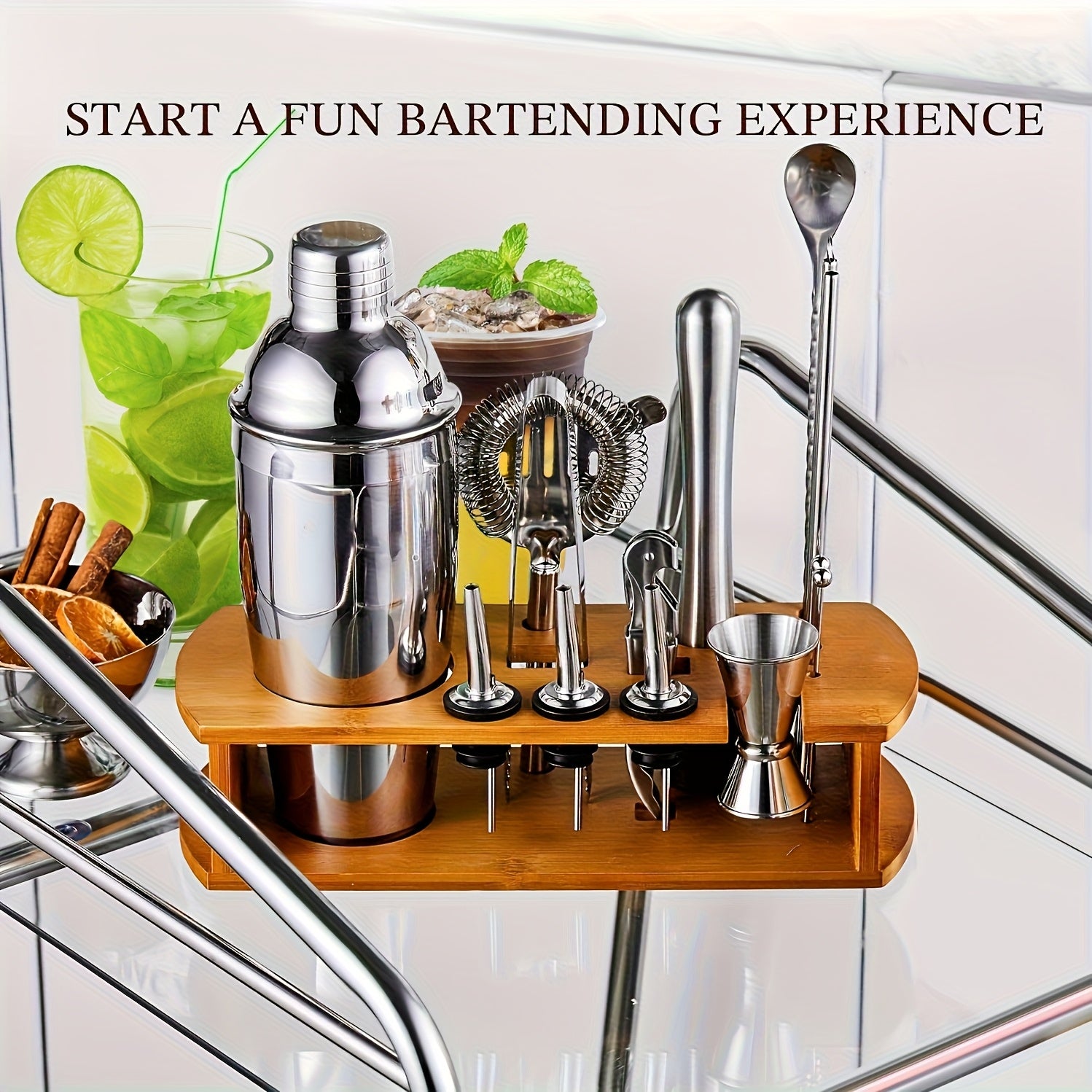 Cocktail Shaker Set Bartender Kit with Stand | Bar Set Drink Mixer Set with All Essential Accessory Tools: Martini Shaker, Jigger, Strainer, Mixer Spoon, Muddler, Liquor Pourers |Silvery