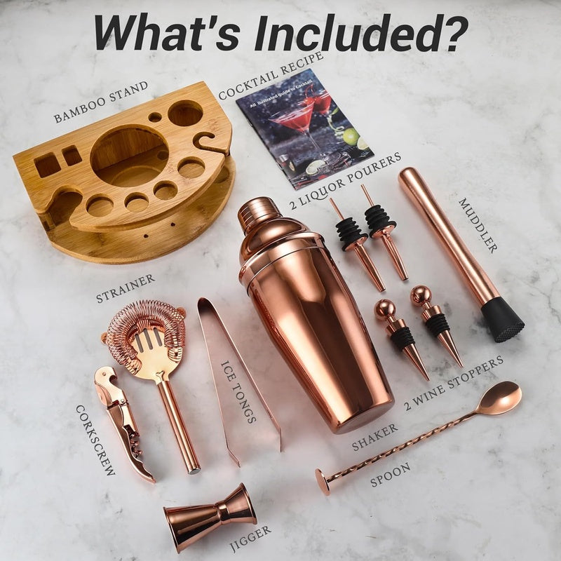 Cocktail Shaker Set for Mixing Drinks with Stand, Stainless Steel Accessories Tools for Cocktails( Rose Golden)