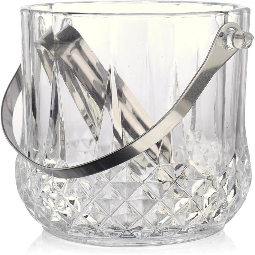 Vskikris Clear Glass Ice Bucket with Handle & Serving Tongs - Heavy-Duty 37oz Capacity Ice Dispenser Suitable for Parties, Catering,, Commercial Use - Glass Ice Holder for Drinks, Desserts, Beverages