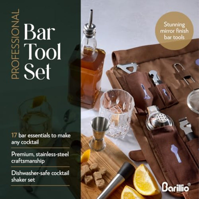Bartender Kit Bag with Cocktail Shaker Set - Waxed Canvas Traveling Bar Tools Bag with 17-Pc Cocktail Kit - Travel Mixology Bartending Kits - Mobile Bar Roll with Strap and Accessories