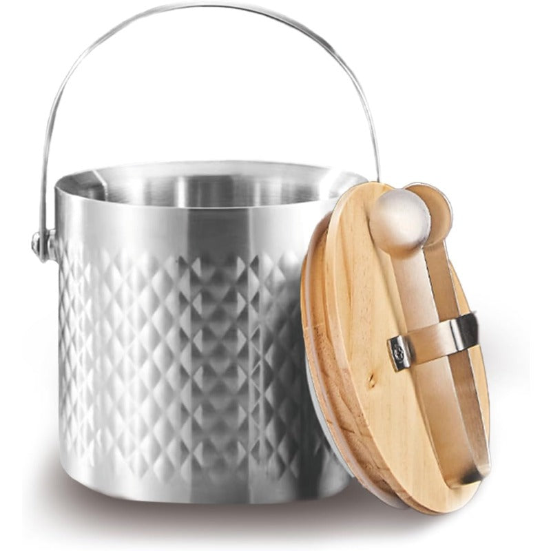 Stainless Steel Insulated Ice Bucket with Wooden Lid & Ice Tongs - 101.44oz Large Capacity Double-Wall Cooler, Hammered Champagne Party Ice Chest for Bar Cart, Weddings, Outdoor Events - Heavy-Duty Ice Maker Accessory