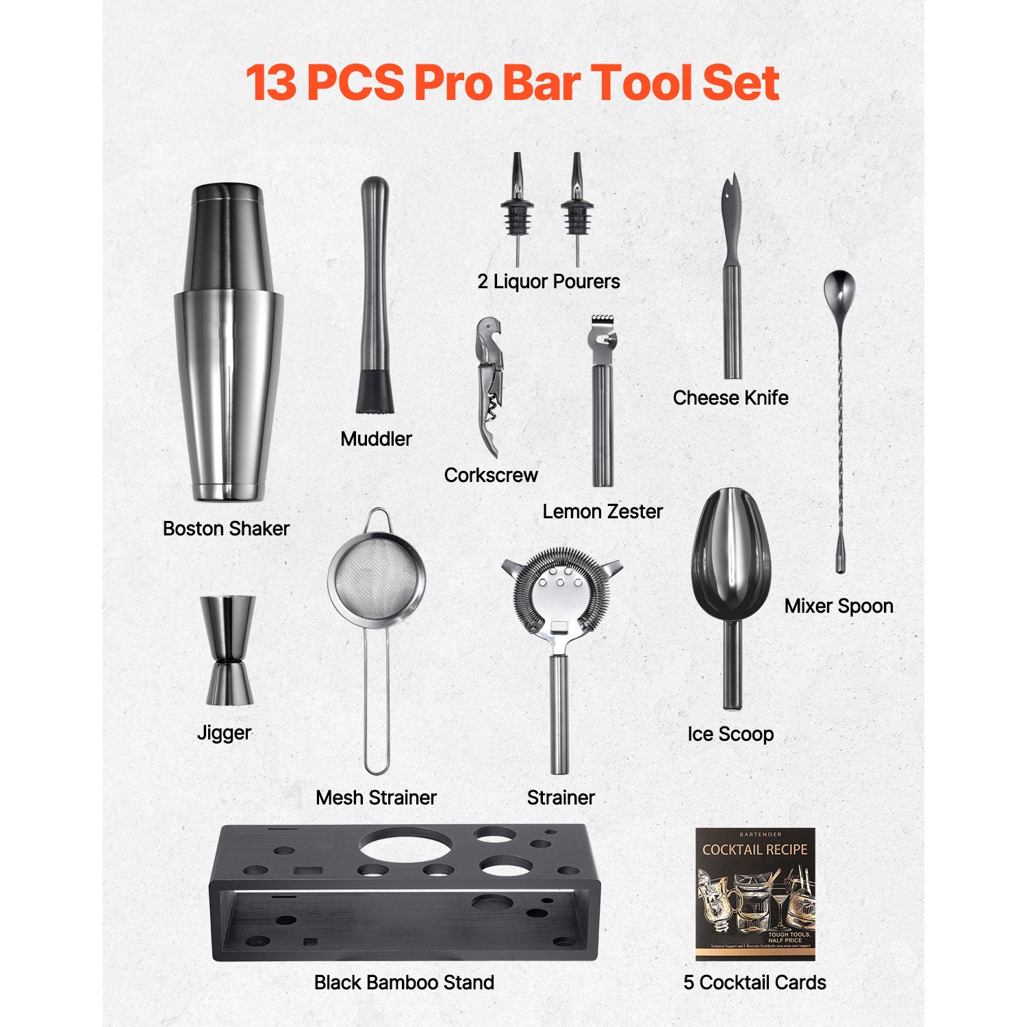 VEVOR Cocktail Shaker Set 13 Pcs Bartender Kit Stainless Steel Bar Tools Silver\u002FGunmetal