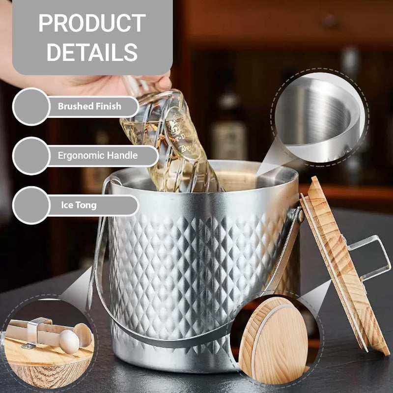 Stainless Steel Insulated Ice Bucket with Wooden Lid & Ice Tongs - 101.44oz Large Capacity Double-Wall Cooler, Hammered Champagne Party Ice Chest for Bar Cart, Weddings, Outdoor Events - Heavy-Duty Ice Maker Accessory