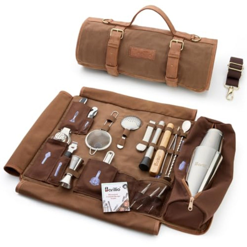 Bartender Kit Bag with Cocktail Shaker Set - Waxed Canvas Traveling Bar Tools Bag with 17-Pc Cocktail Kit - Travel Mixology Bartending Kits - Mobile Bar Roll with Strap and Accessories