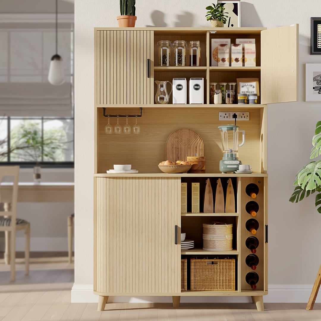 71'' Modern Kitchen Pantry Cabinet with Sliding Tambour Doors& Adjustable Shelves, Built-in Power Outlet, Food Storage Cabinet with Wine Racks, Solid Table Legs, Freestanding Design, Buffet Cupboards Sideboard for Kitchen & Living Room