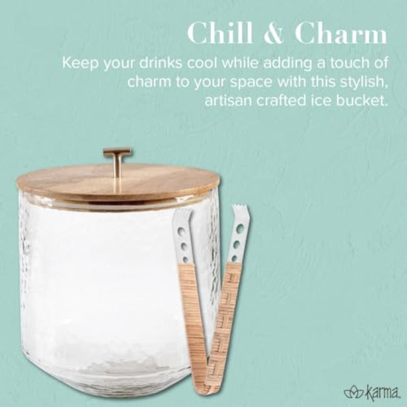 for KARMA Glass Airtight Ice Bucket with Tongs - 1.12gal Clear Glass Beverage Tub with Cork Lid & Tongs, Durable Cast Iron Frame Design for Champagne, Wine, Beer, Cocktails - Elegant Party Cooler for Home Bar, Outdoor Events, Weddings