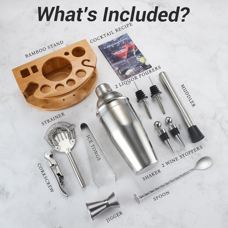 Cocktail Shaker Set with Stand | Complete Bartender Kit with Stainless Steel Additions like Martini Shaker, Jigger, Strainer, Spoon, Muddler for Cocktails - Silver, 304 Stainless Steel