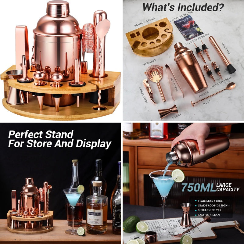 Cocktail Shaker Set for Mixing Drinks with Stand, Stainless Steel Accessories Tools for Cocktails( Rose Golden)