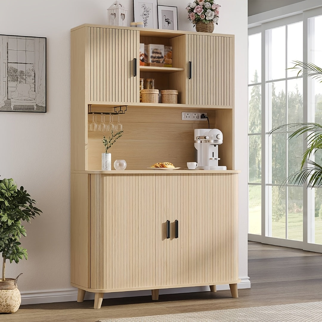 71'' Modern Kitchen Pantry Cabinet with Sliding Tambour Doors& Adjustable Shelves, Built-in Power Outlet, Food Storage Cabinet with Wine Racks, Solid Table Legs, Freestanding Design, Buffet Cupboards Sideboard for Kitchen & Living Room