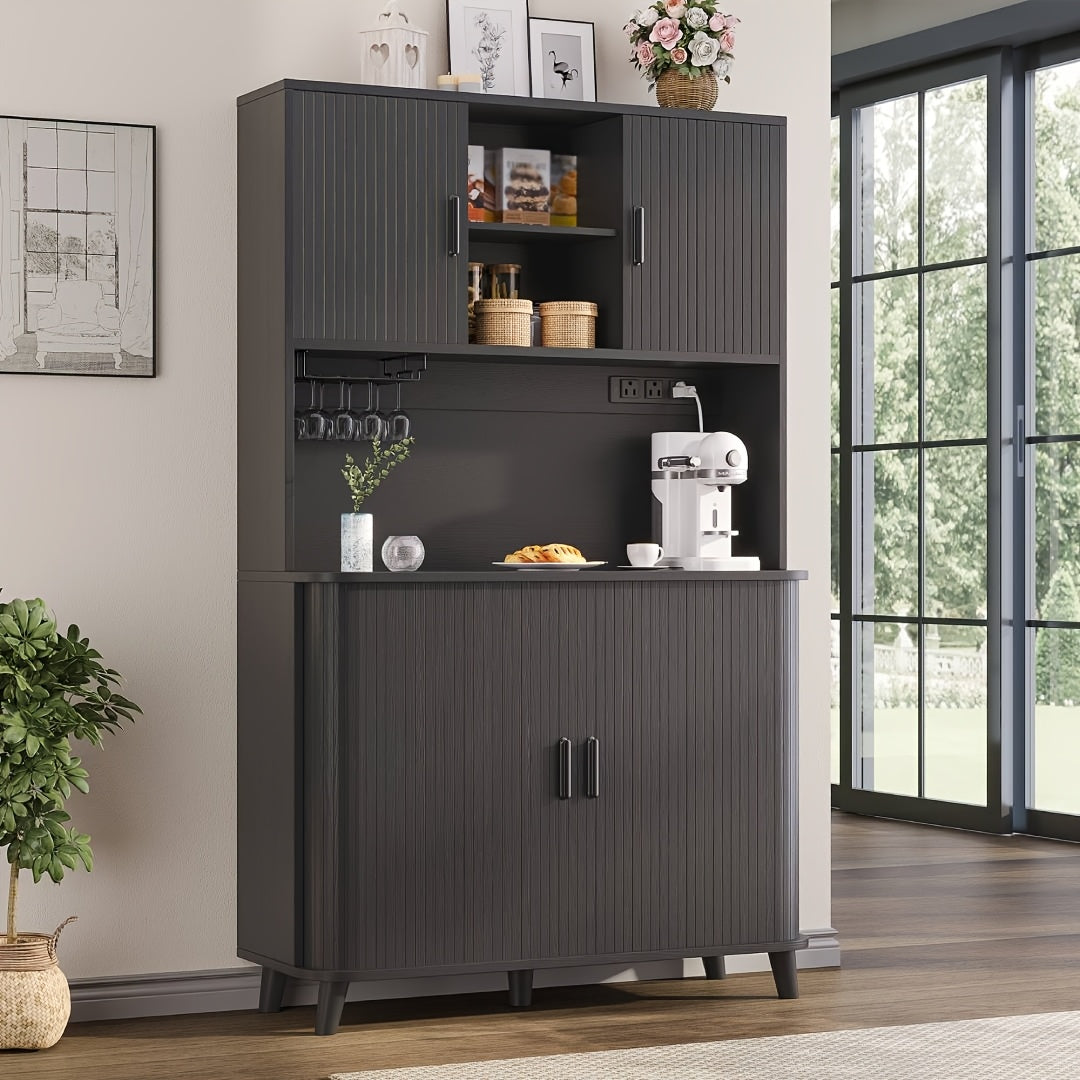 71'' Modern Kitchen Pantry Cabinet with Sliding Tambour Doors& Adjustable Shelves, Built-in Power Outlet, Food Storage Cabinet with Wine Racks, Solid Table Legs, Freestanding Design, Buffet Cupboards Sideboard for Kitchen & Living Room