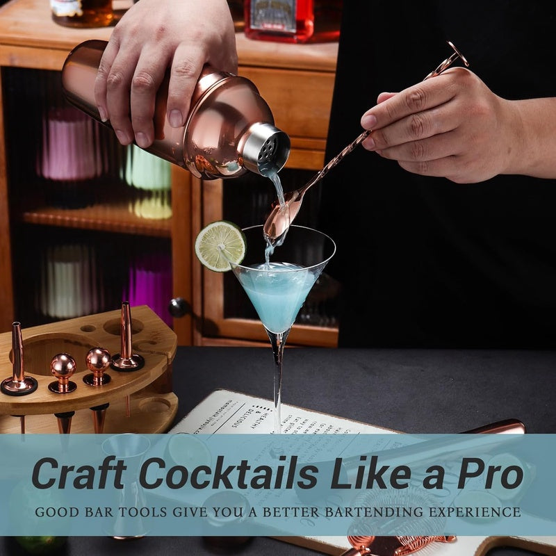 Cocktail Shaker Set for Mixing Drinks with Stand, Stainless Steel Accessories Tools for Cocktails( Rose Golden)