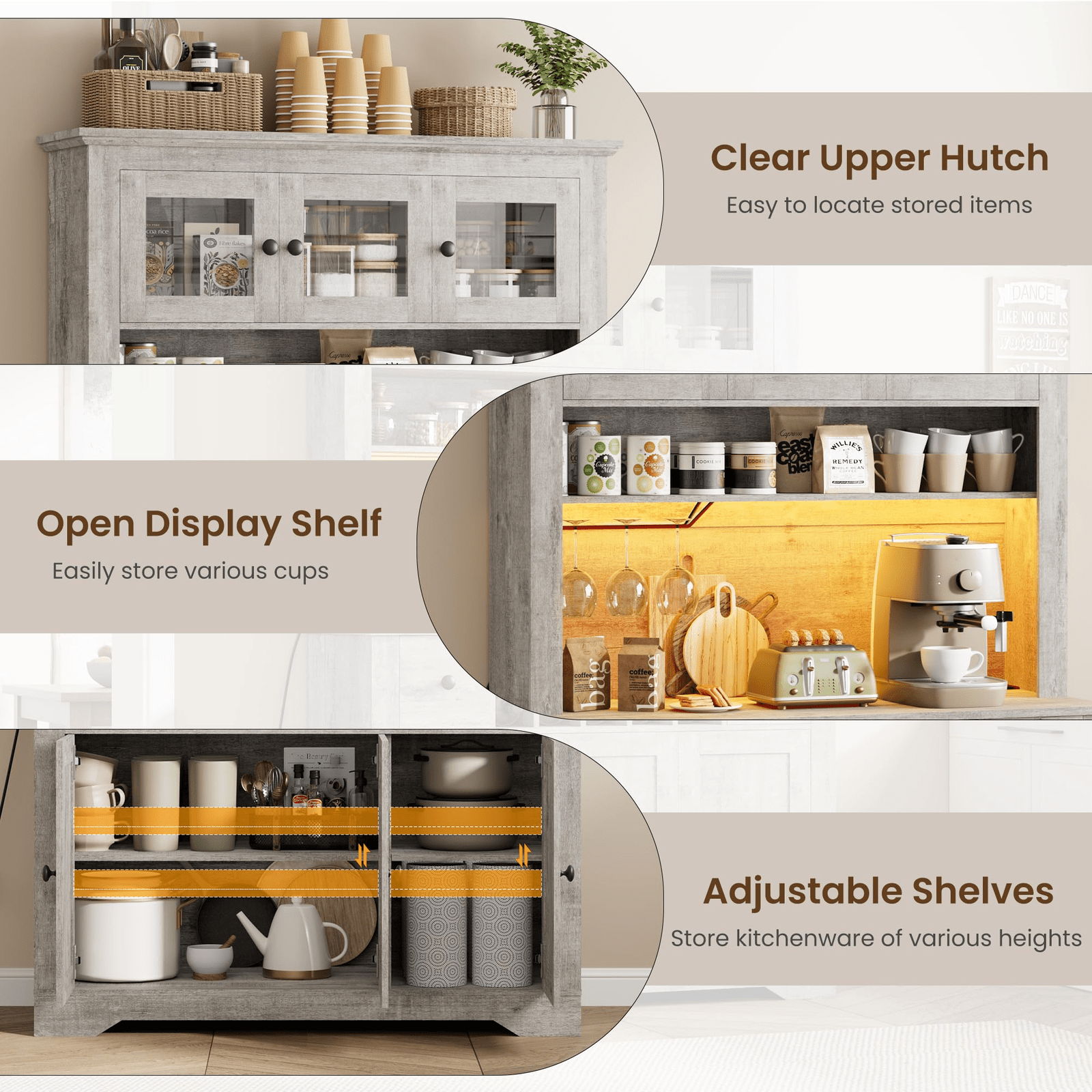 69-Inch Tall Grey Pantry Cabinet with LED Lighting, Charging Station, Drawers, Wine Rack, Large Storage Capacity - Kitchen Hutch and Coffee Bar for Dining and Living Rooms