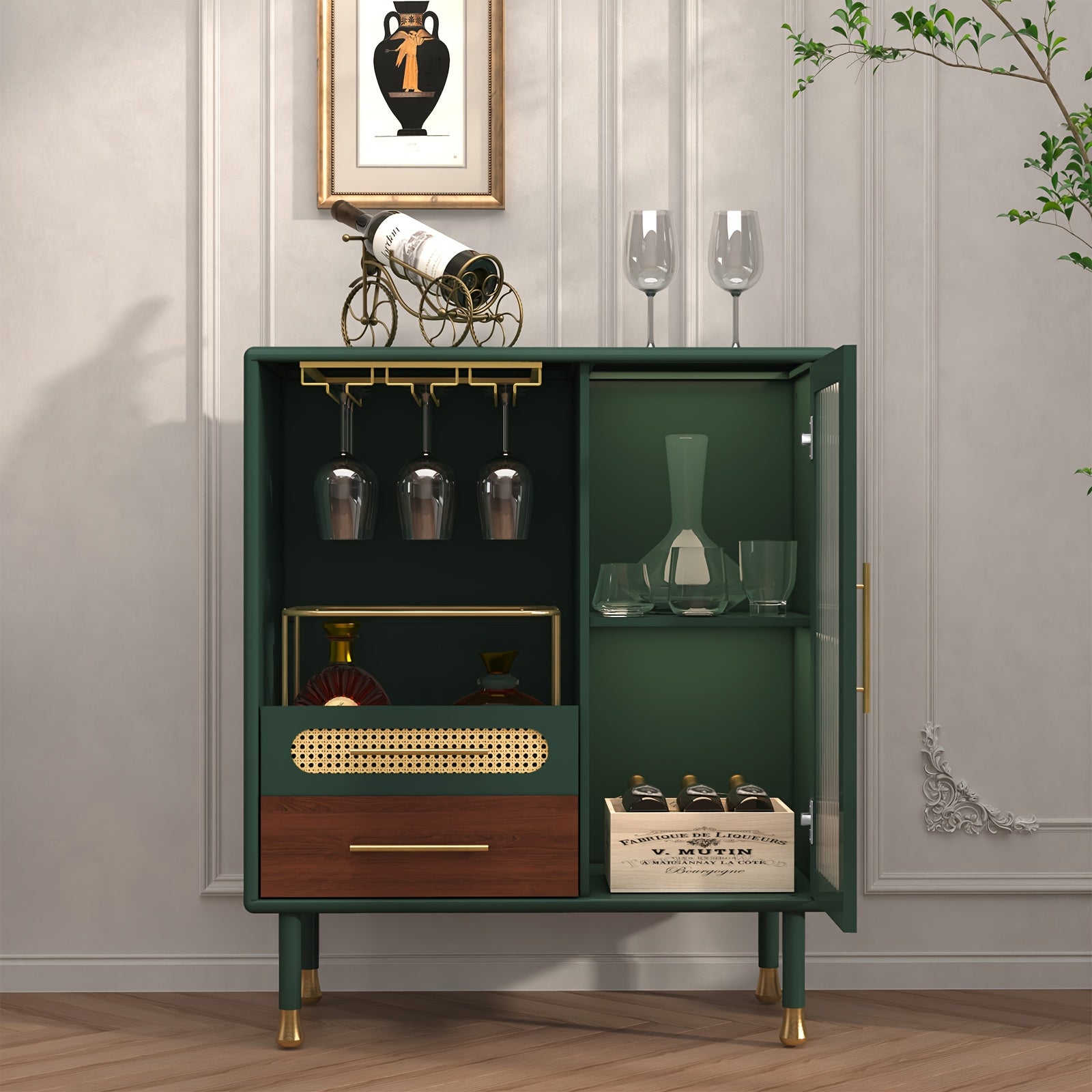 Modern Coffee Bar Cabinet with Wine Glass Rack And Drawers, Black Liquor Cabinet with Pull-Out Wine Storage for Kitchen, Dining Room, Living Room