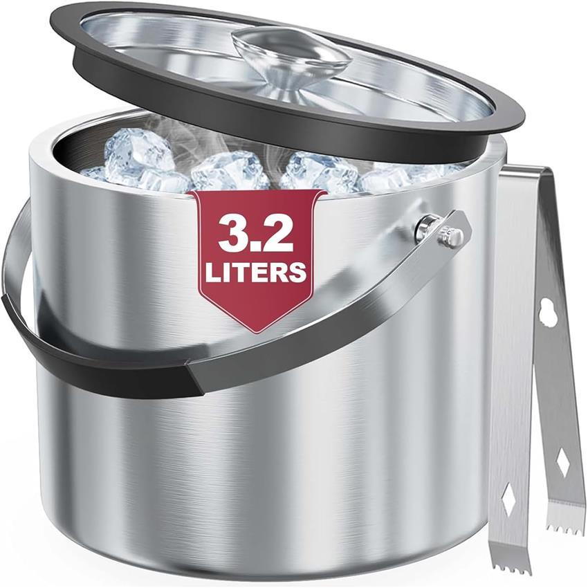 108.2oz Insulated Ice Bucket for Parties & Cocktail Bar | Double Wall Stainless Steel Wine Bucket with Lid & Tongs, Ideal for Chilling Wine, Champagne