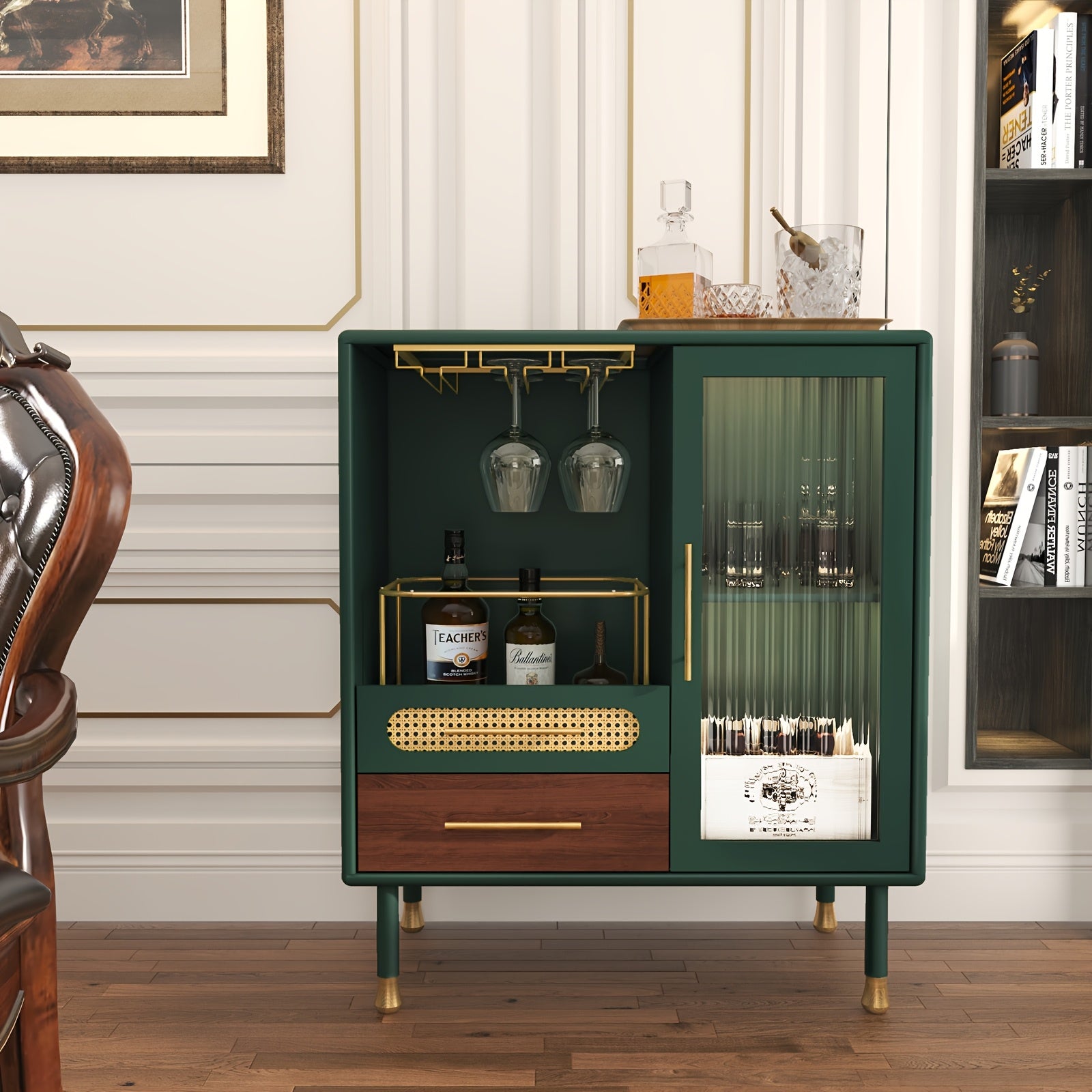 Modern Coffee Bar Cabinet with Wine Glass Rack And Drawers, Black Liquor Cabinet with Pull-Out Wine Storage for Kitchen, Dining Room, Living Room