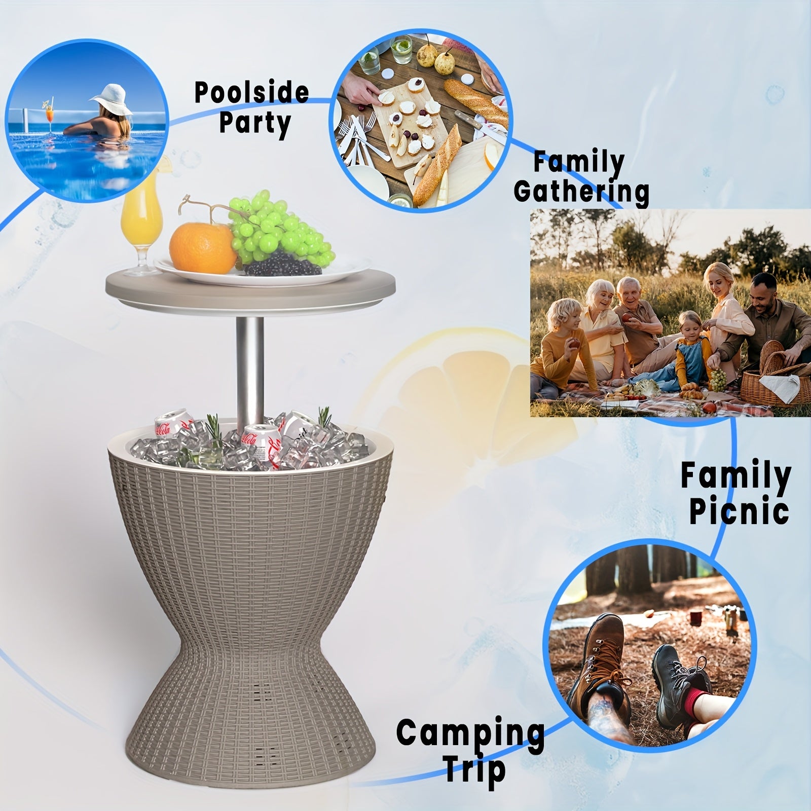 This Versatile 3-In-1 Ice Bucket Serves As a Cooler, a Wine Table, And a Coffee Table Lid, Offering 30 Liters Or 8 Gallons of Drink Storage. Its Rattan Design Complements Any Patio Furniture