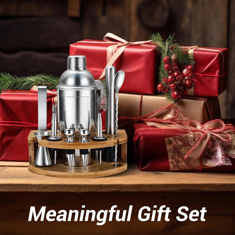 Cocktail Shaker Set with Stand | Complete Bartender Kit with Stainless Steel Additions like Martini Shaker, Jigger, Strainer, Spoon, Muddler for Cocktails - Silver, 304 Stainless Steel