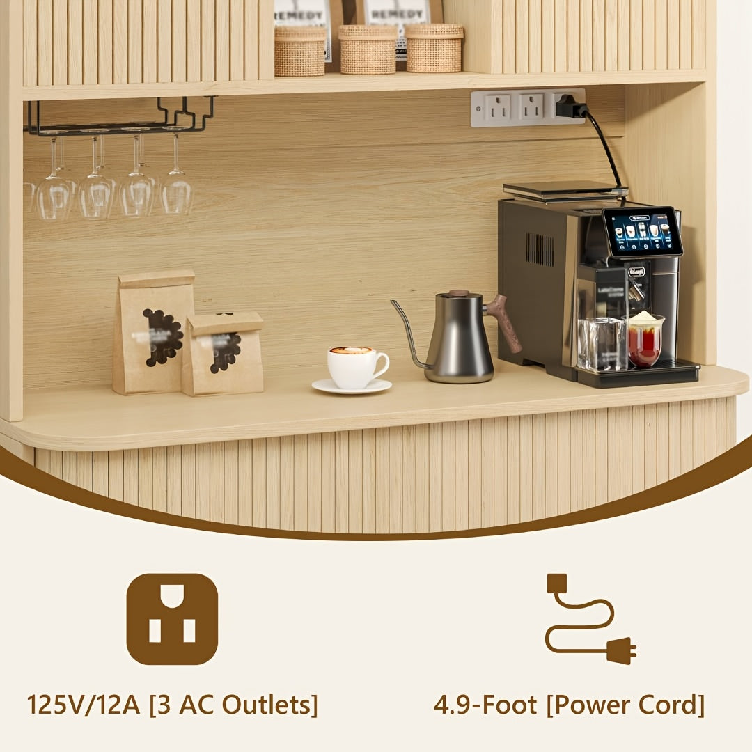 71'' Modern Kitchen Pantry Cabinet with Sliding Tambour Doors& Adjustable Shelves, Built-in Power Outlet, Food Storage Cabinet with Wine Racks, Solid Table Legs, Freestanding Design, Buffet Cupboards Sideboard for Kitchen & Living Room