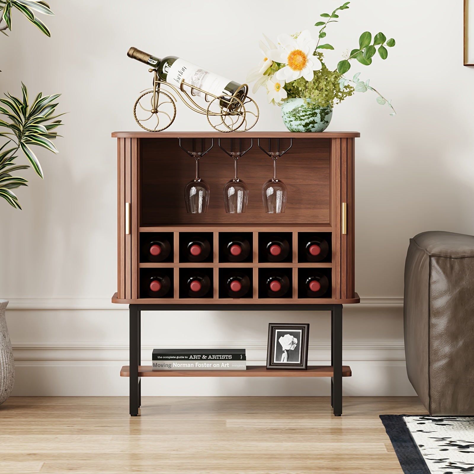 Wine Bar Cabinet with Storage, Fluted Wine Liquor Cabinet with Sliding Doors, Glass Holder And Wine Rack, Small Coffee Bar Cabinet, Buffet Sideboard for Kitchen, Dining Room, Living Room