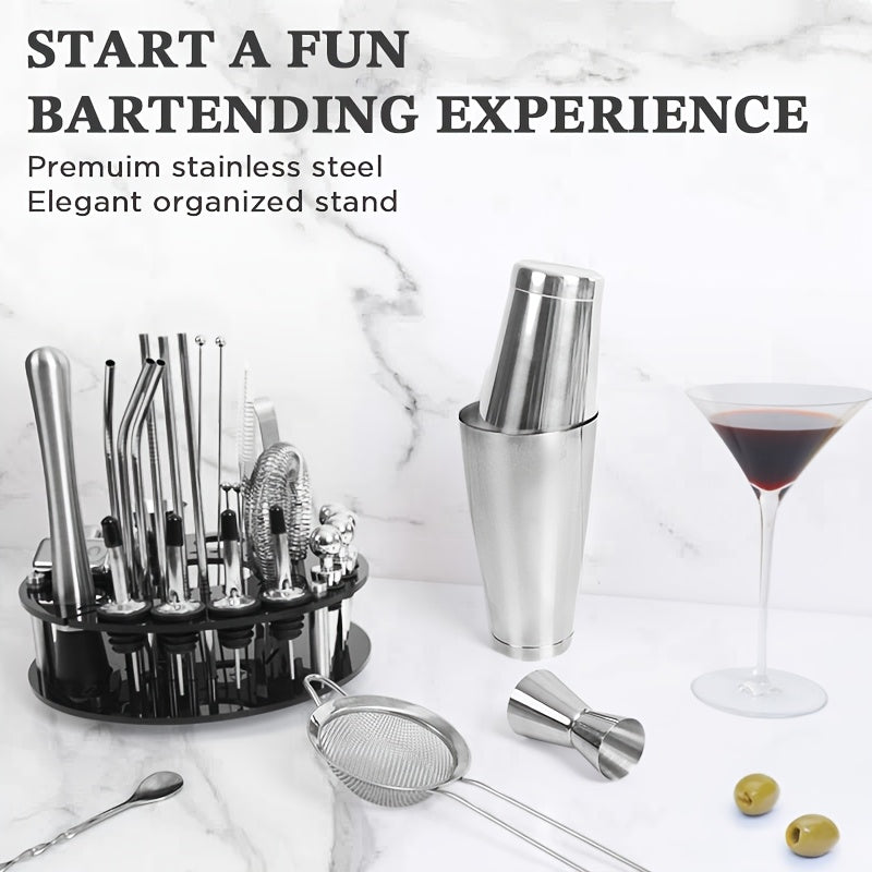 35pcs Cocktail Shaker Set for Mixed Drink, Bartender Kit with Stylish Bamboo Stand, Professional Stainless Steel Bar Tool Set, Gift for Man Dad- Cocktail Recipes Booklet (Silvery)