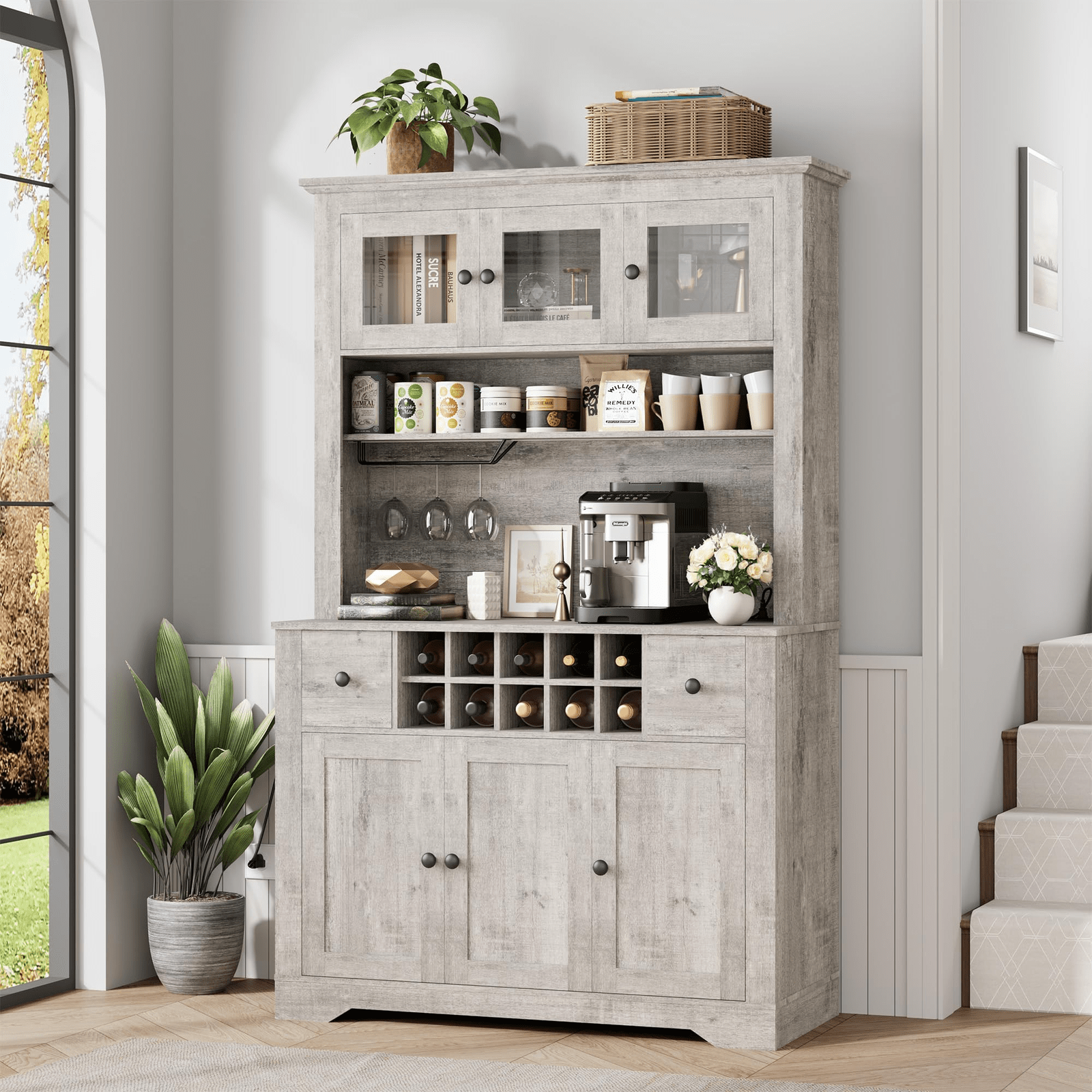 69-Inch Tall Grey Pantry Cabinet with LED Lighting, Charging Station, Drawers, Wine Rack, Large Storage Capacity - Kitchen Hutch and Coffee Bar for Dining and Living Rooms
