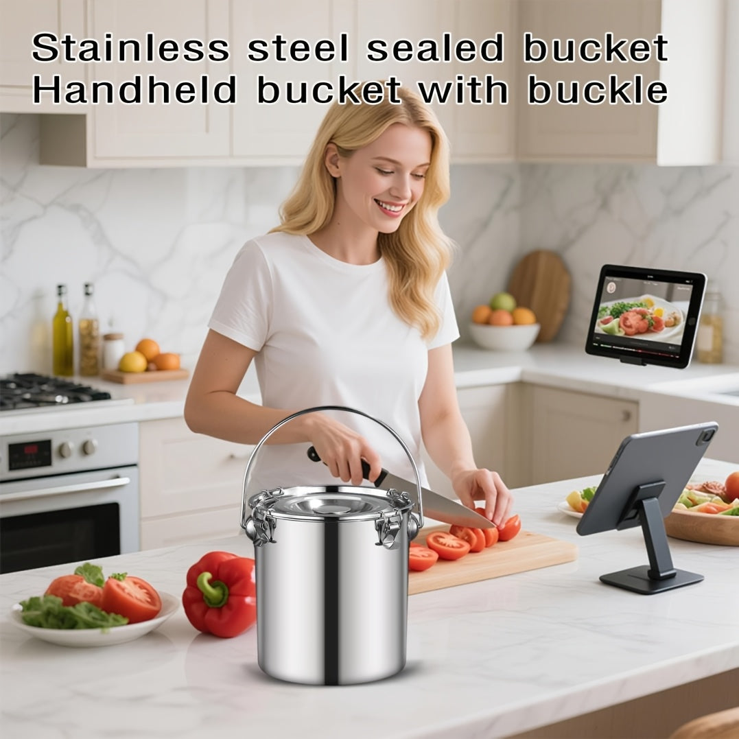 Stainless Steel Sealed Bucket with Handle, 304 Food Grade Airtight Container for Food Oil Milk, Leakproof Transport Drum with Locking Lid, Portable Storage for Home Camping Commercial