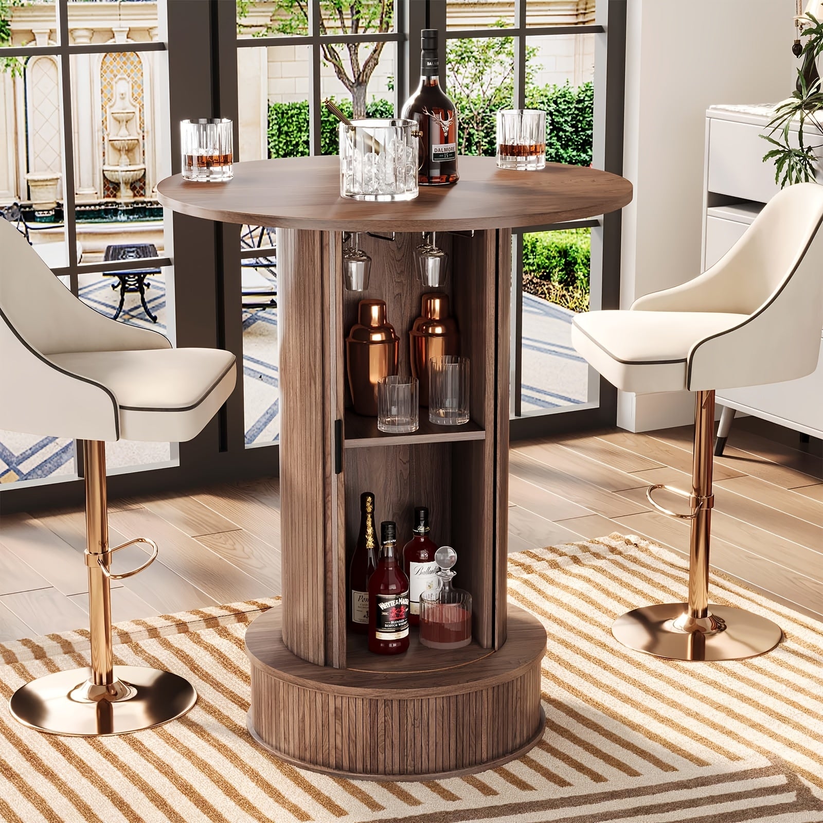 Rolling Storage Bar Cabinet With Sliding Door, 27.5-Inch Spacious Tabletop, Hidden Wine Glasses Rack, 66 Lbs Weight Capacity For Home Bar Living Room Or Commercial Use