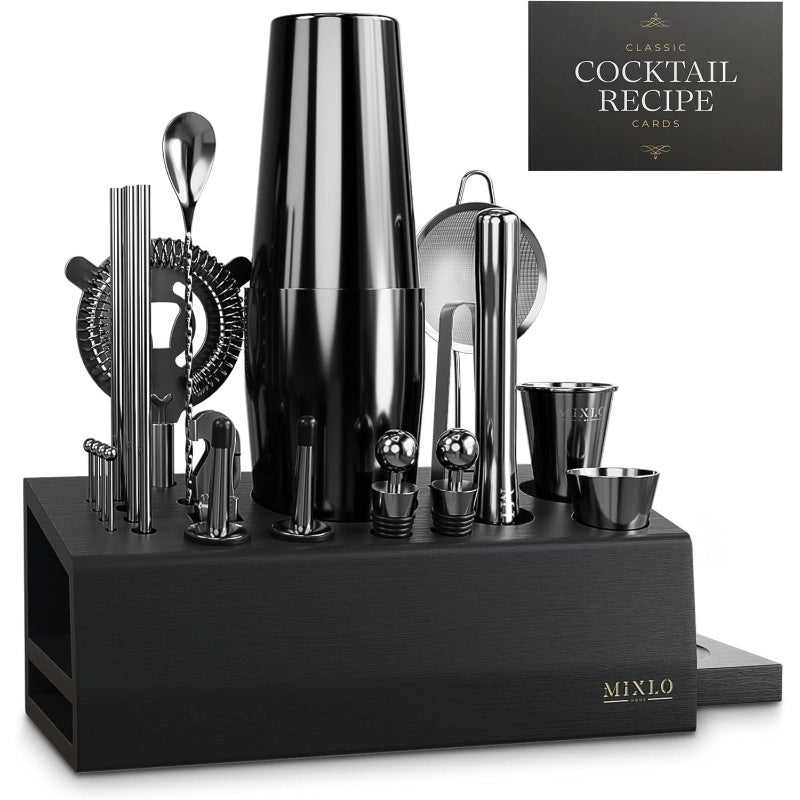 Mixology Bartender Kit - 22pcs Bar Set Cocktail Shaker Set Black Bar Cart Accessories Stand - Shakers Bartending Gun Metal Black Tools, 24oz Shaker, 17 Recipe Cards, Martini Barware