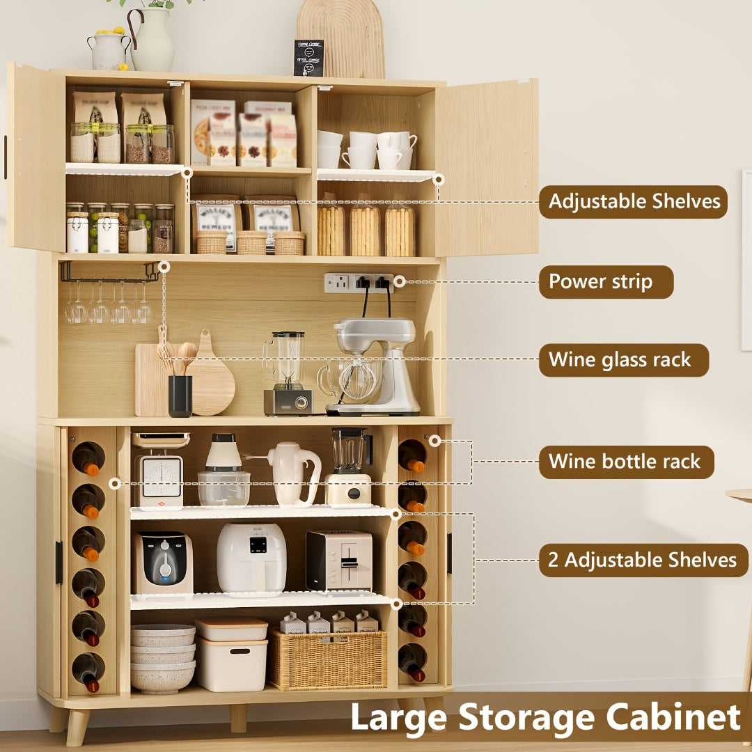 71'' Modern Kitchen Pantry Cabinet with Sliding Tambour Doors& Adjustable Shelves, Built-in Power Outlet, Food Storage Cabinet with Wine Racks, Solid Table Legs, Freestanding Design, Buffet Cupboards Sideboard for Kitchen & Living Room