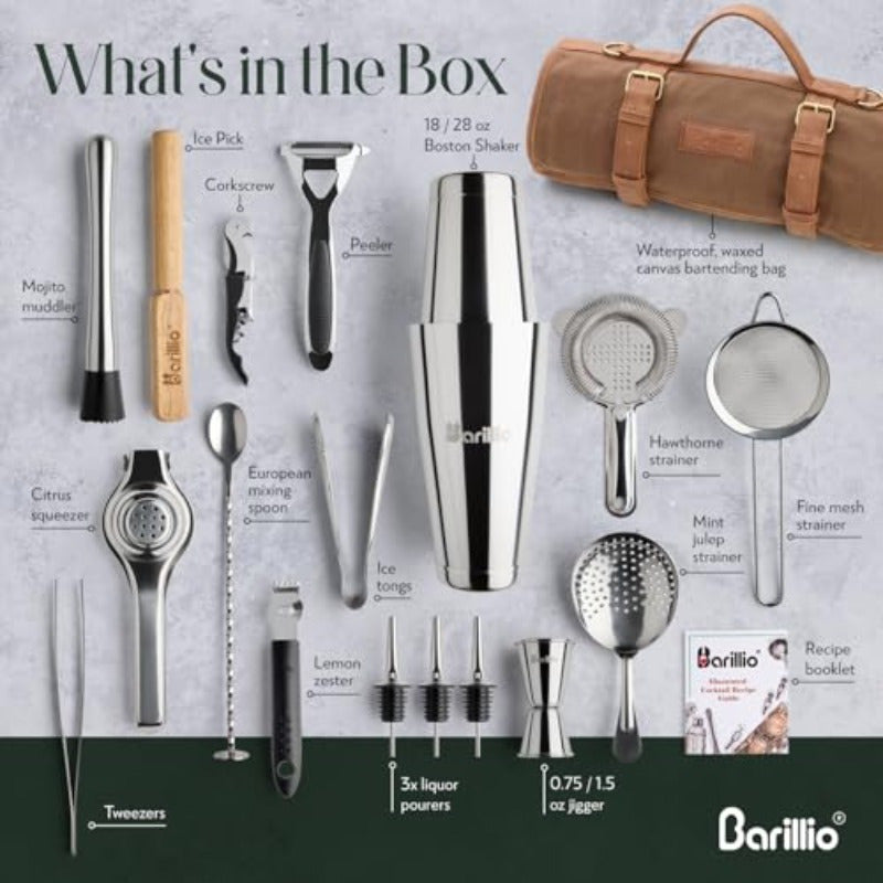 Bartender Kit Bag with Cocktail Shaker Set - Waxed Canvas Traveling Bar Tools Bag with 17-Pc Cocktail Kit - Travel Mixology Bartending Kits - Mobile Bar Roll with Strap and Accessories