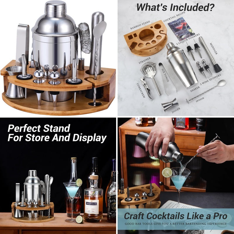 Cocktail Shaker Set with Stand | Complete Bartender Kit with Stainless Steel Additions like Martini Shaker, Jigger, Strainer, Spoon, Muddler for Cocktails - Silver, 304 Stainless Steel