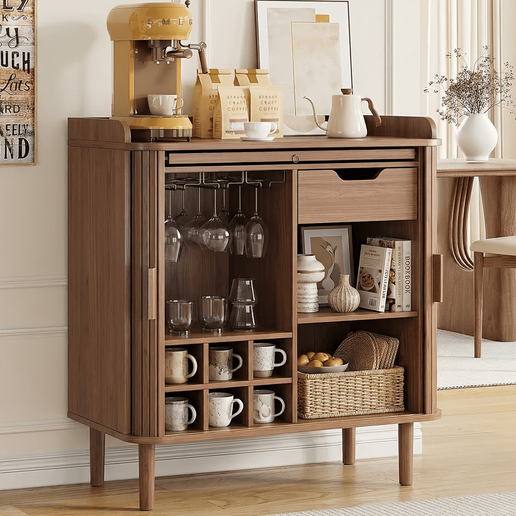 33-Inch Medieval Modern Style Coffee Bar Cabinet Featuring a Charging Station, Sliding Doors, Cup Holders, Glass Rack, Pull-Out Tray, And Drawer Storage Space, Suitable for Kitchens And Living Rooms