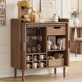 33-Inch Medieval Modern Style Coffee Bar Cabinet Featuring a Charging Station, Sliding Doors, Cup Holders, Glass Rack, Pull-Out Tray, And Drawer Storage Space, Suitable for Kitchens And Living Rooms