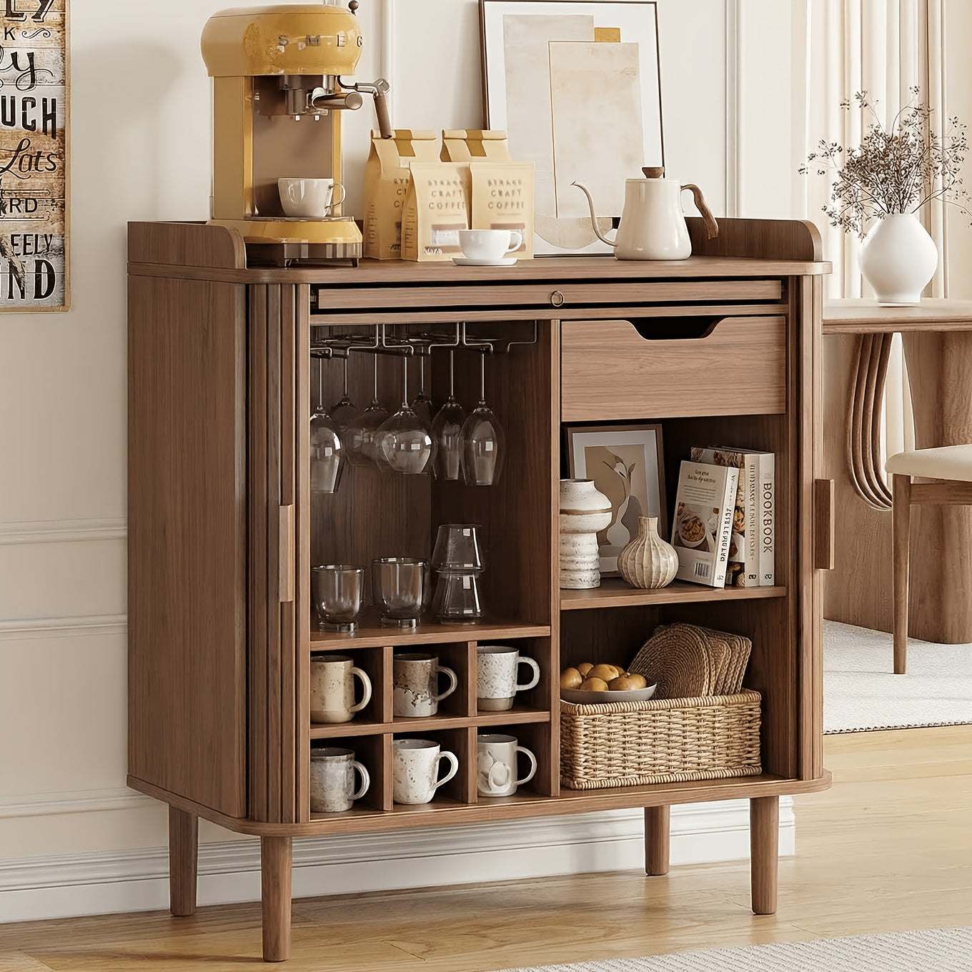 33-Inch Medieval Modern Style Coffee Bar Cabinet Featuring a Charging Station, Sliding Doors, Cup Holders, Glass Rack, Pull-Out Tray, And Drawer Storage Space, Suitable for Kitchens And Living Rooms