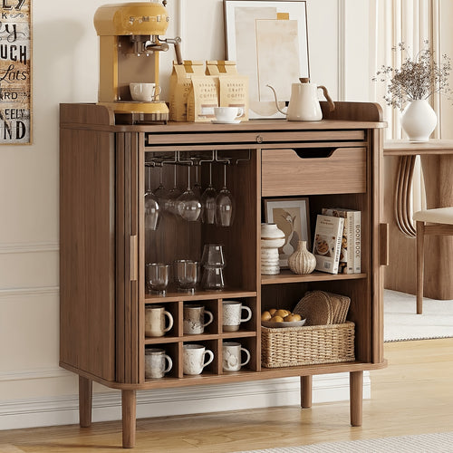 33-Inch Medieval Modern Style Coffee Bar Cabinet Featuring a Charging Station, Sliding Doors, Cup Holders, Glass Rack, Pull-Out Tray, And Drawer Storage Space, Suitable for Kitchens And Living Rooms