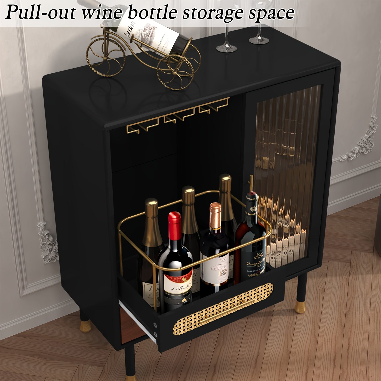 Modern Coffee Bar Cabinet with Wine Glass Rack And Drawers, Black Liquor Cabinet with Pull-Out Wine Storage for Kitchen, Dining Room, Living Room
