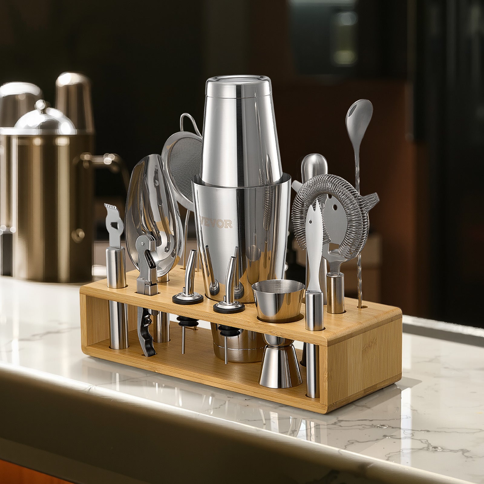 VEVOR Cocktail Shaker Set 13 Pcs Bartender Kit Stainless Steel Bar Tools Silver\u002FGunmetal