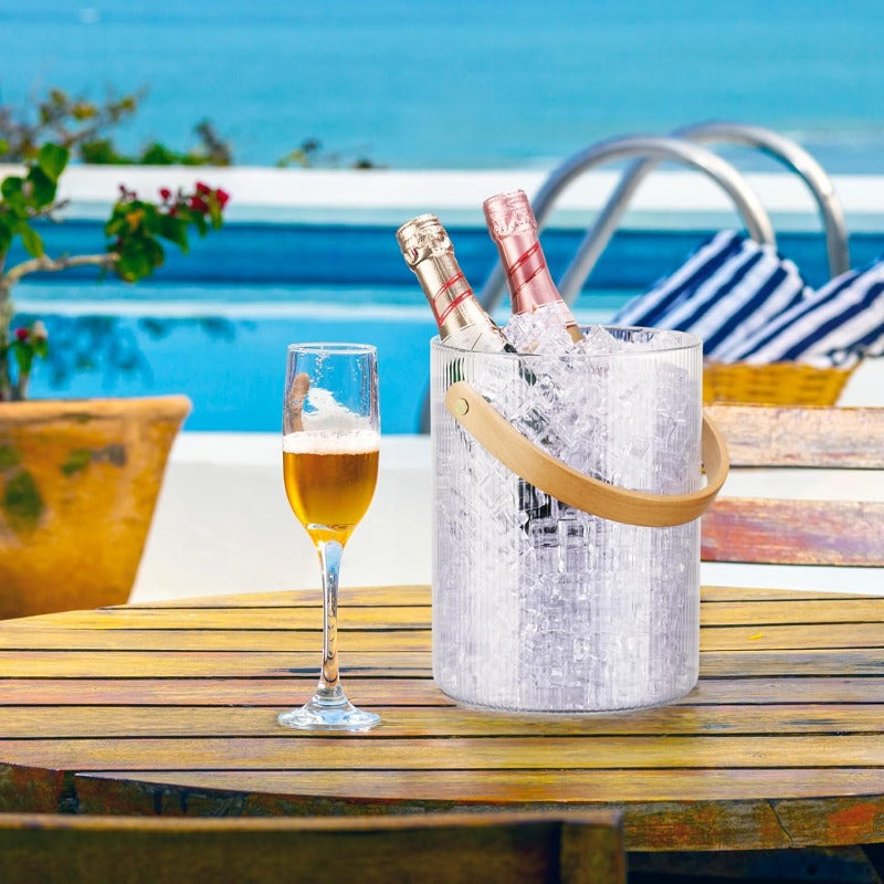 NiHome 101.44oz Glass Ice Bucket Chiller | Bamboo Lid, Scoop, and Tongs for Home Bar, Wedding Party | Ribbed Clear Design, Sturdy Handle, NonSlip Base, Airtight Storage for Wine, Champagne, Beer, Cocktails
