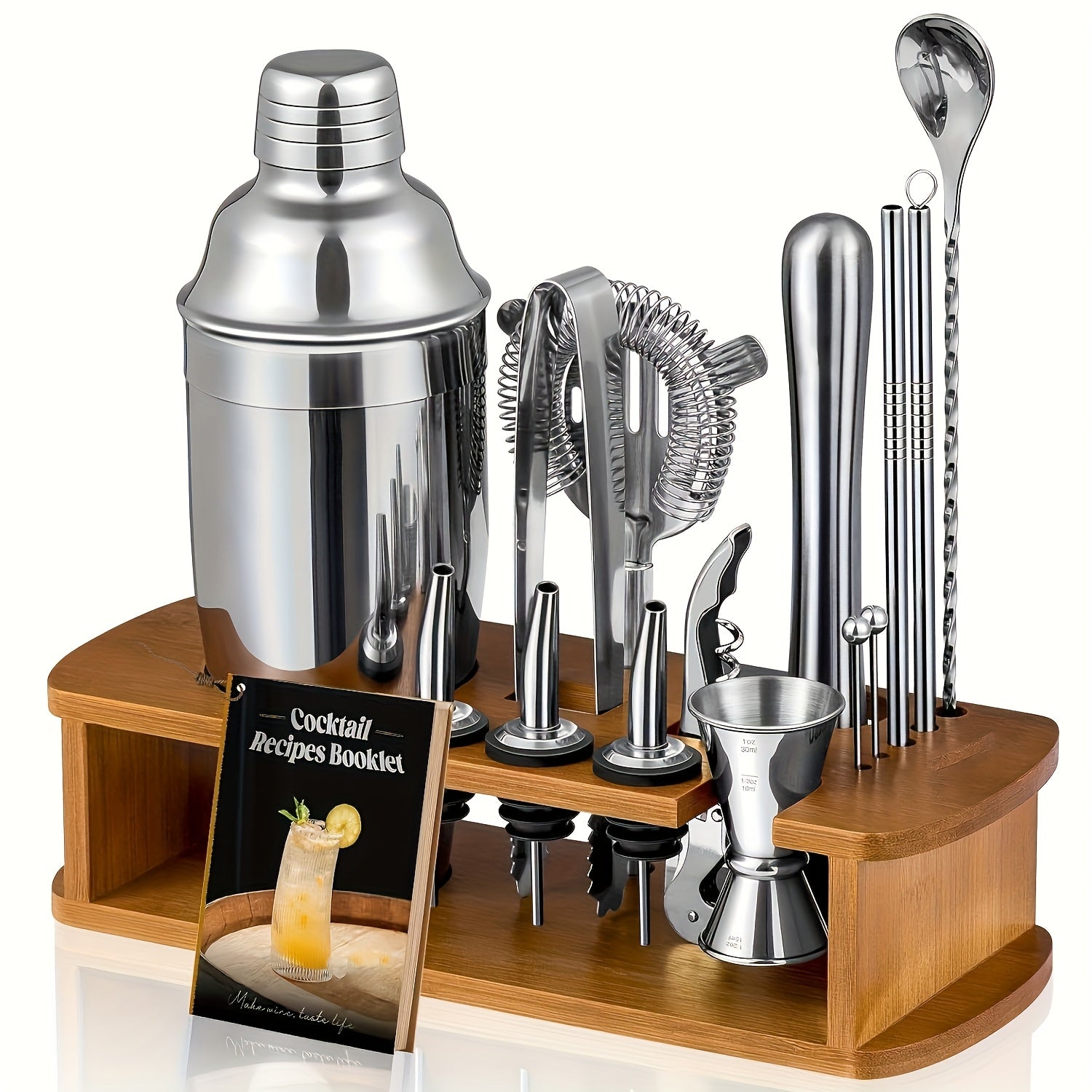 Cocktail Shaker Set Bartender Kit with Stand | Bar Set Drink Mixer Set with All Essential Accessory Tools: Martini Shaker, Jigger, Strainer, Mixer Spoon, Muddler, Liquor Pourers |Silvery