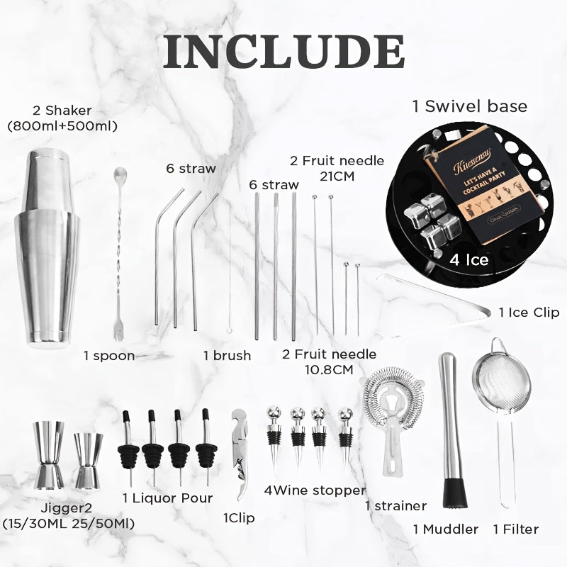 35pcs Cocktail Shaker Set for Mixed Drink, Bartender Kit with Stylish Bamboo Stand, Professional Stainless Steel Bar Tool Set, Gift for Man Dad- Cocktail Recipes Booklet (Silvery)